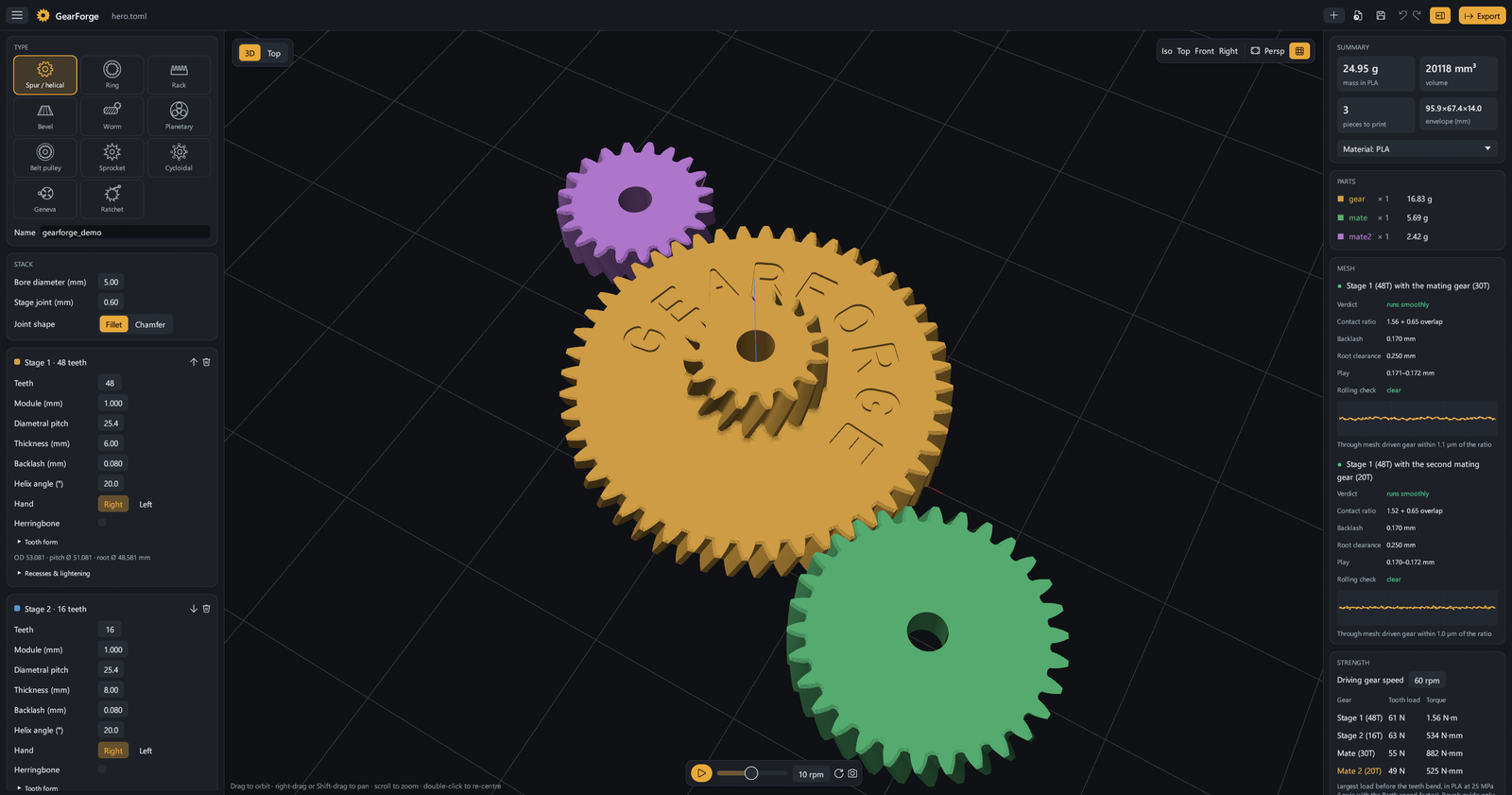 The GearForge editor: a 48-tooth helical gear engraved GEARFORGE with a 16-tooth stage on top and two mating gears, the parameter panel on the left, and the mesh analysis with its plots on the right.