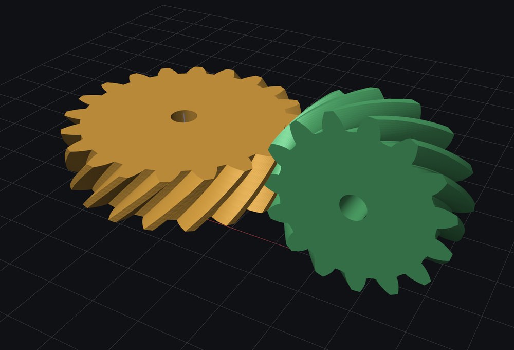 Two 45 degree helical gears, orange and green, on shafts at right angles.