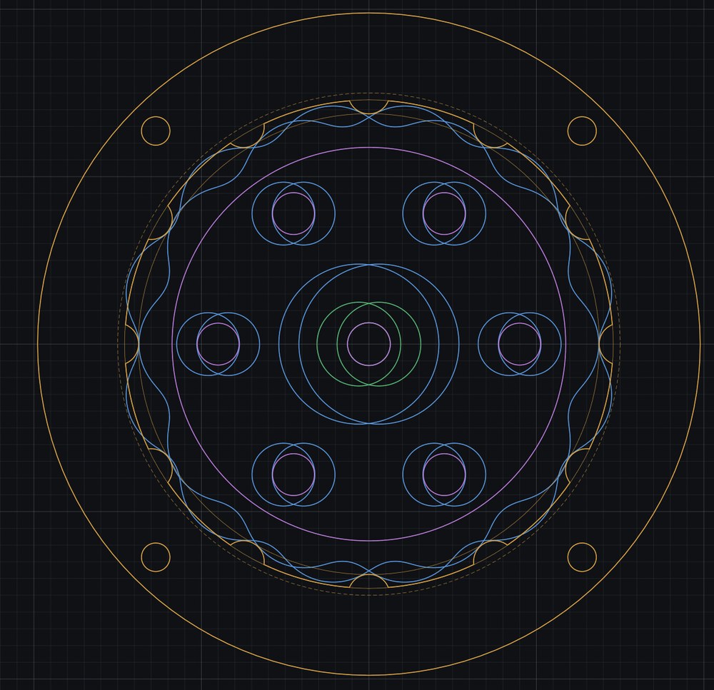 Top view of a cycloidal drive in outline: lobed discs inside a ring of pins, with the output pin holes.