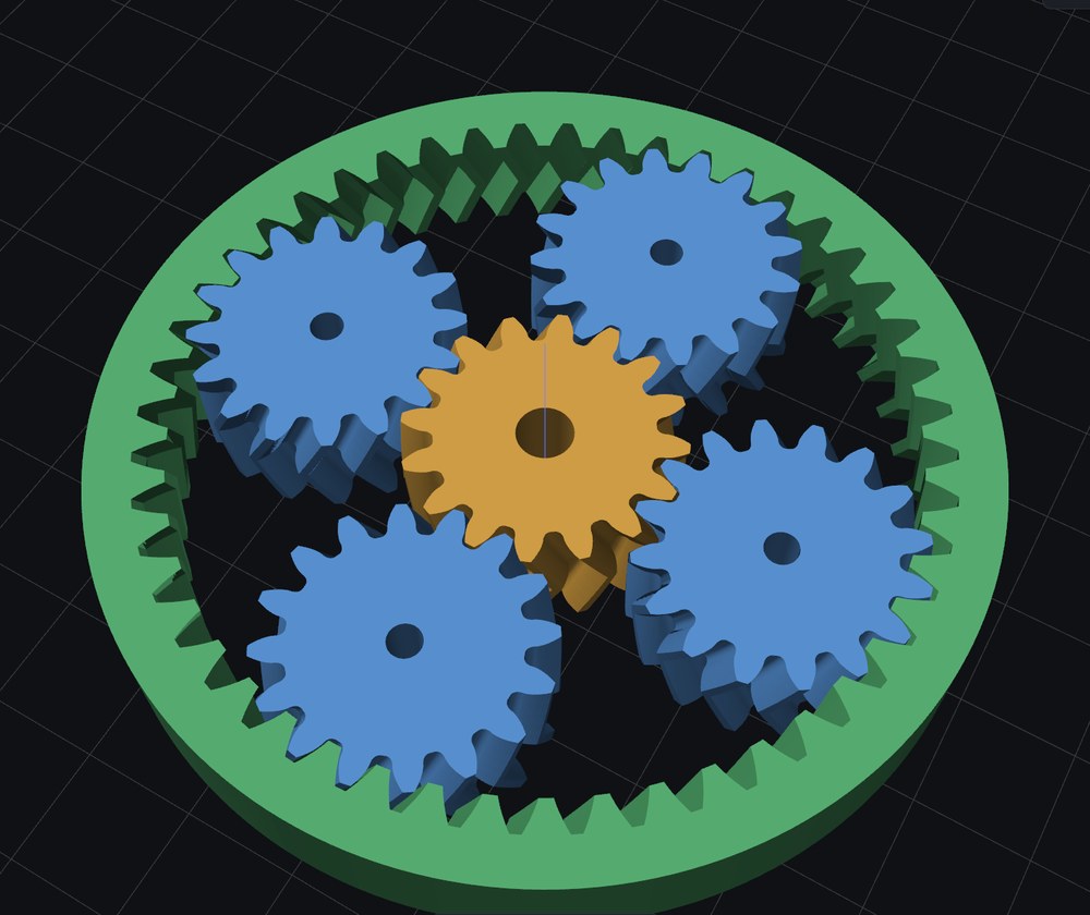 A herringbone planetary set: four blue planets round an orange sun inside a green ring.